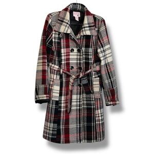 Vintage Madrag Coat Red‎ Black Cream Plaid Tartan Peacoat Size Medium